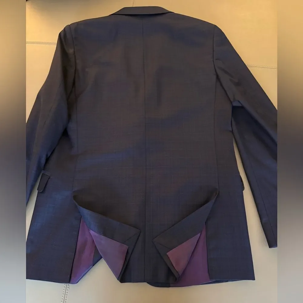 Princeton Model X Boys Navy/Black Plaid Wool Blazer Purple Lining. Size 18.
